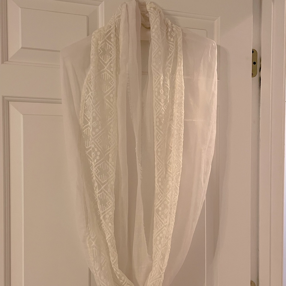 Beautiful off white sheer infinity scarf with embroidered insert.